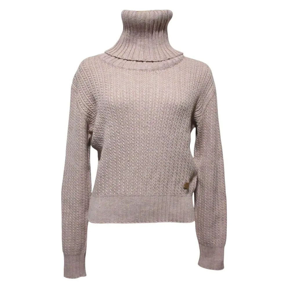 CHANEL シャネル 01A ウッドココマーク タートルネック ラメ ケーブル ニットセーター 42 ピンクベージュ