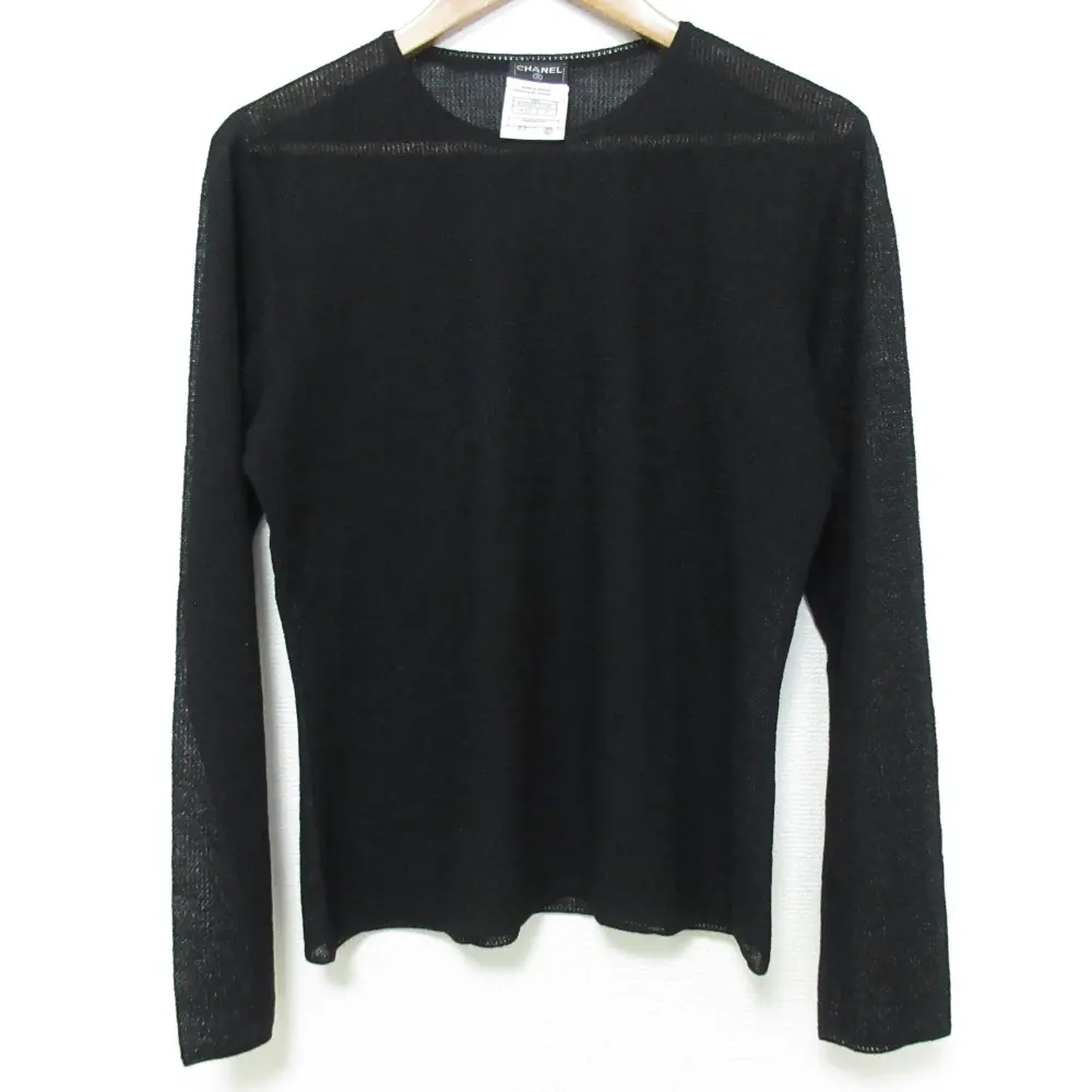 02A CHANEL シャネル フロントロゴ シアー プルオーバー ニットカットソー P19839V01155 サイズ42 ブラック