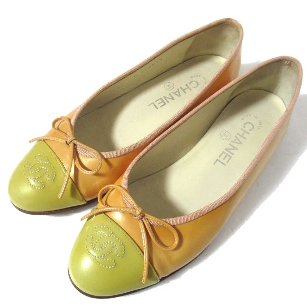 CHANEL シャネル ココマーク リボン パテントレザー フラットシューズ パンプス C02819 36.5C 約23.5cm オレンジ×イエロー