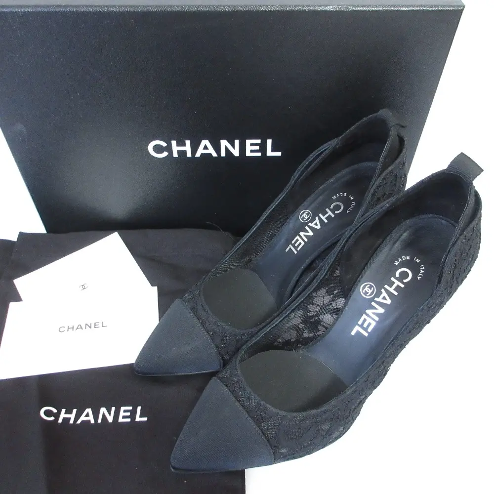 20A CHANEL シャネル レース ハイヒール ポインテッドトゥ パンプス 36C 23cm ブラック