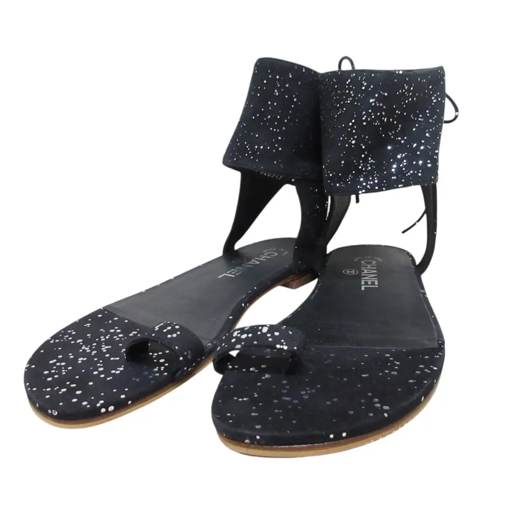 CHANEL シャネル ココマーク バックレースアップ グリッター フラット サンダル サイズ37 23.5cm相当 ブラック