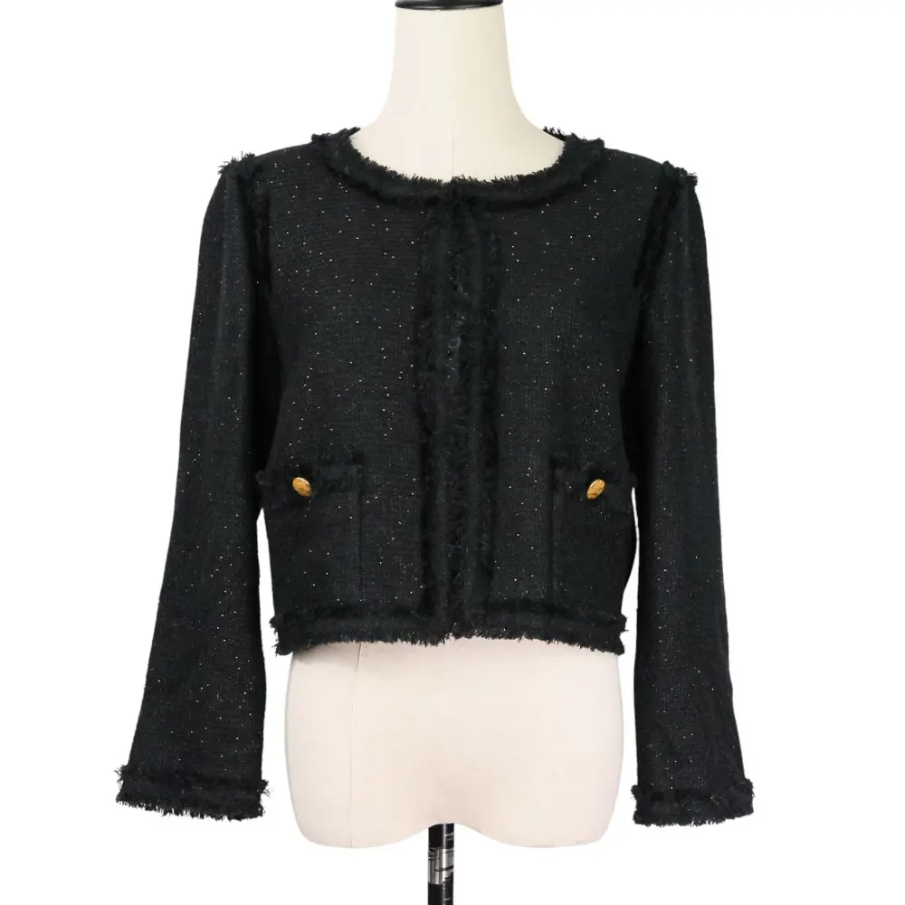 CHANEL シャネル ココマークボタン ショート丈 ツイード ノーカラージャケット P40226 サイズ40 ブラック