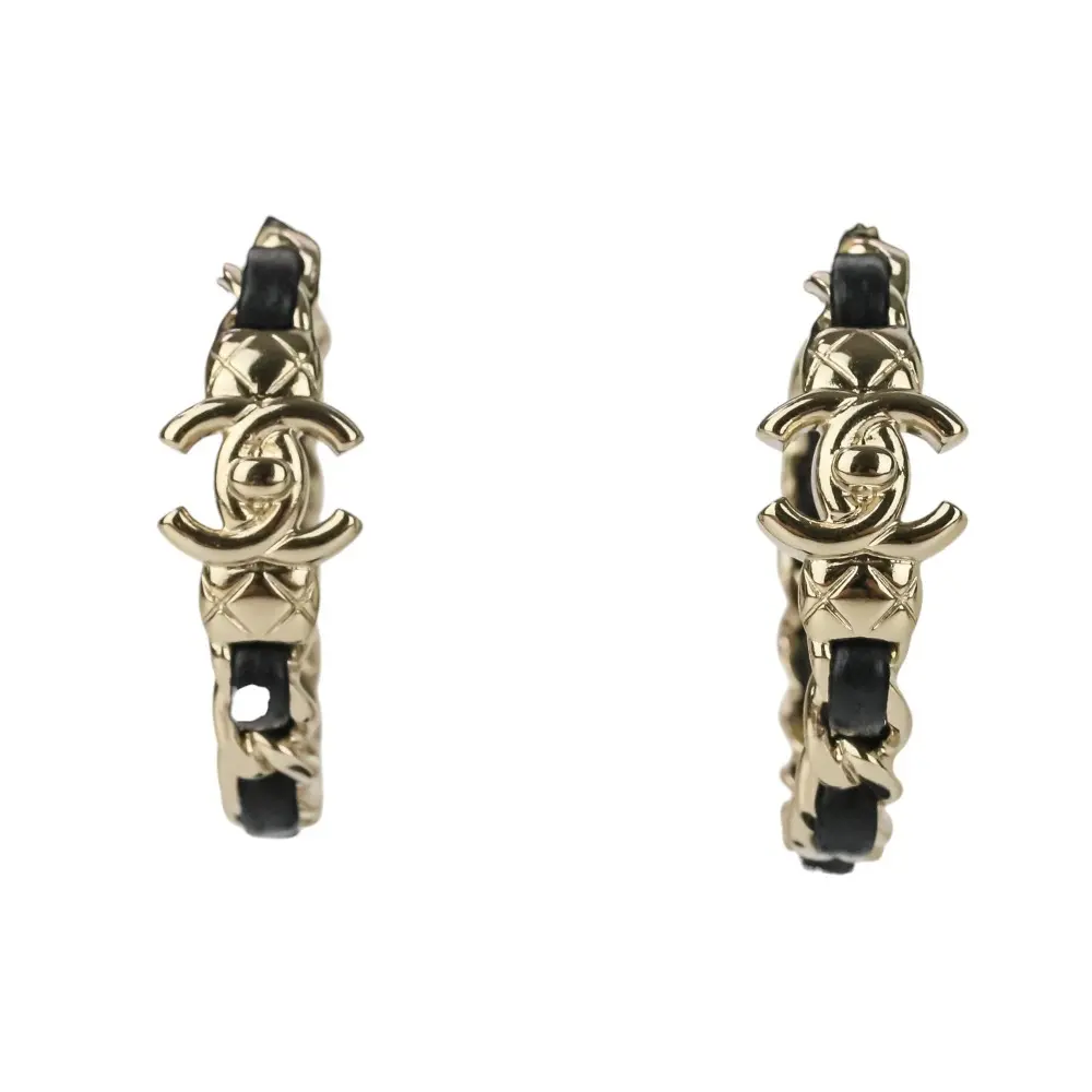 B22V CHANEL シャネル チェーン ココマーク ターンロック フープピアス ブラック ゴールドカラー 