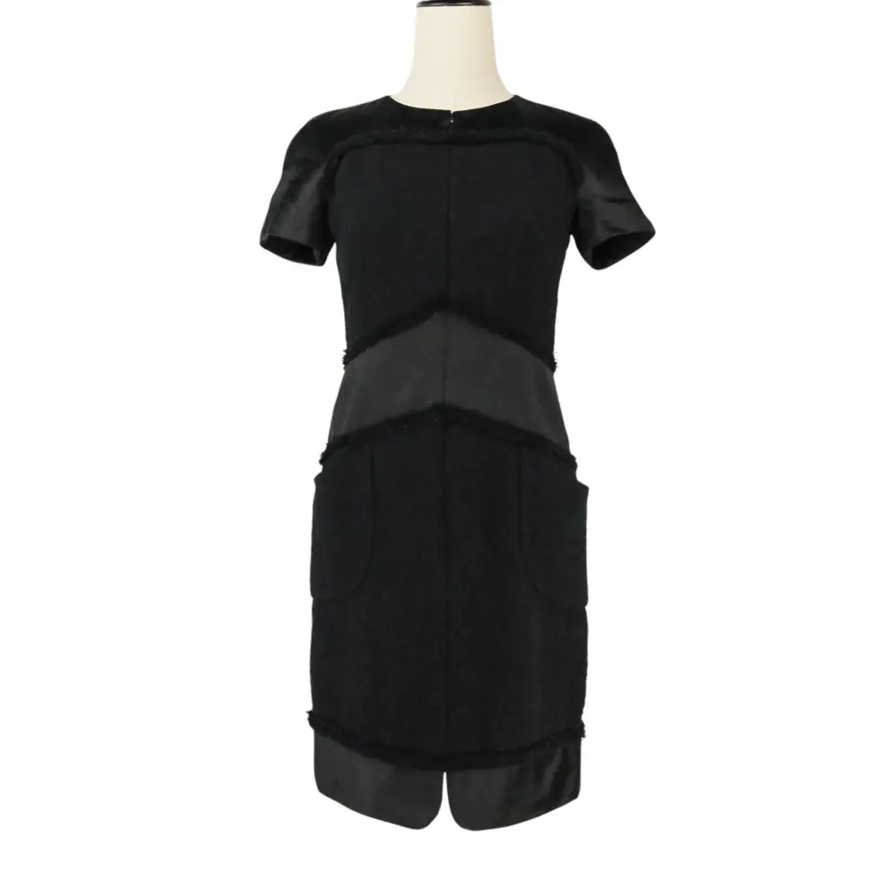 CHANEL シャネル ツイードサテン ミックス ビジュー装飾 リボンドレス ワンピース P52337 サイズ34 ブラック