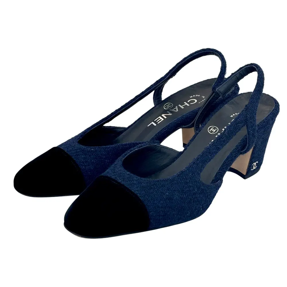 CHANEL シャネル ツイードスリングバック パンプス G31318 36.5 23.5cm程度 ネイビー ブラック