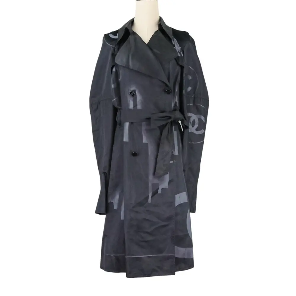 06A CHANEL シャネル ロゴジャガード ココマーク シルクトレンチコート P28976 サイズ34 ブラック