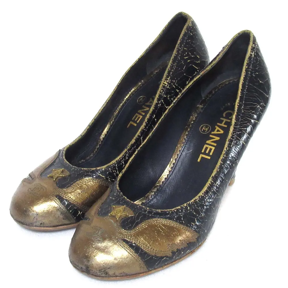 CHANEL シャネル ココマーク ハイヒール パンプス サイズ38 約24cm ブラック×ゴールドカラー