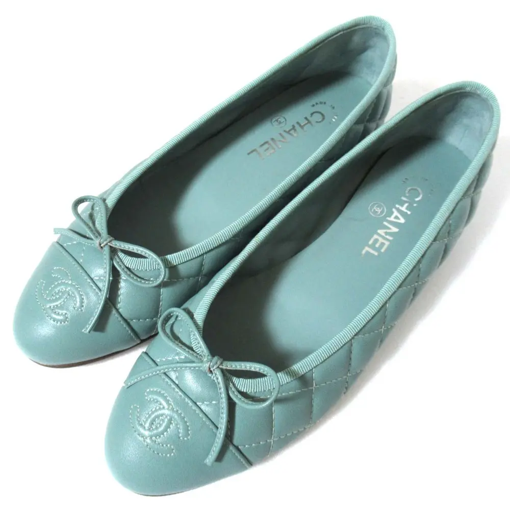 CHANEL シャネル マトラッセ バレリーナ ココマーク リボン フラット パンプス G26250 サイズ39C 約25cm グリーン