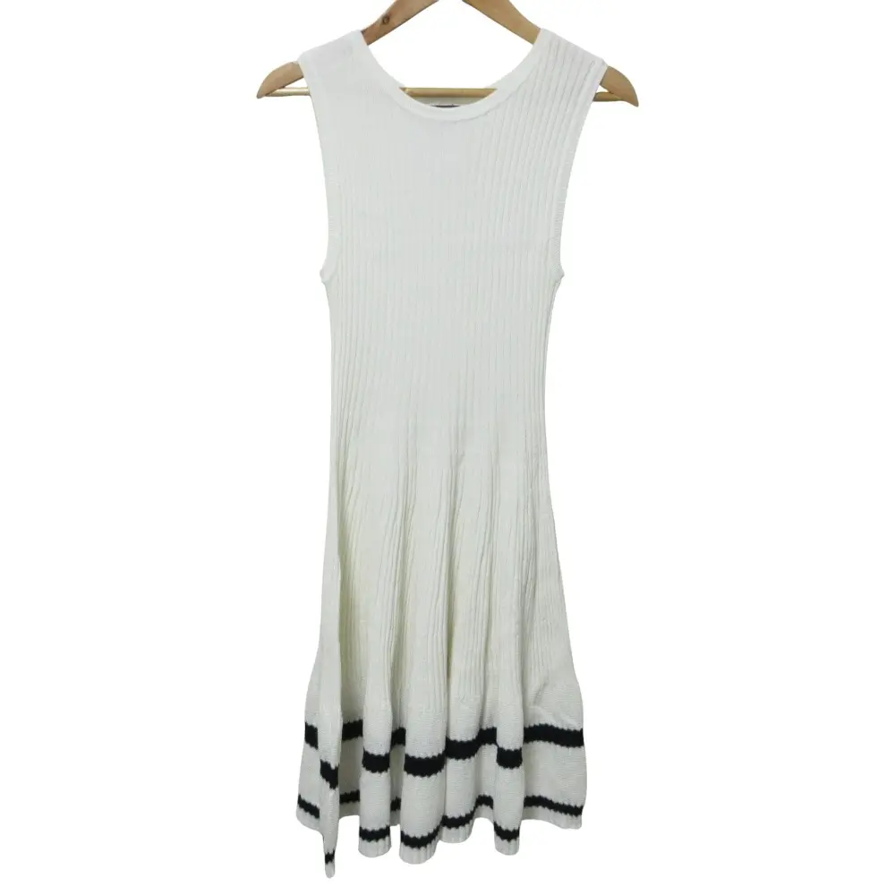 クリーニング済 CHANEL シャネル ワイドリブ ノースリーブ 膝丈 ニットワンピース P60480 34 ホワイト