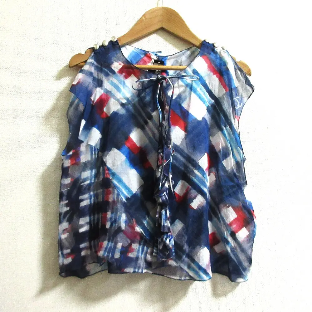 CHANEL シャネル フリル ノースリーブブラウス P54006 サイズ34 ブルー