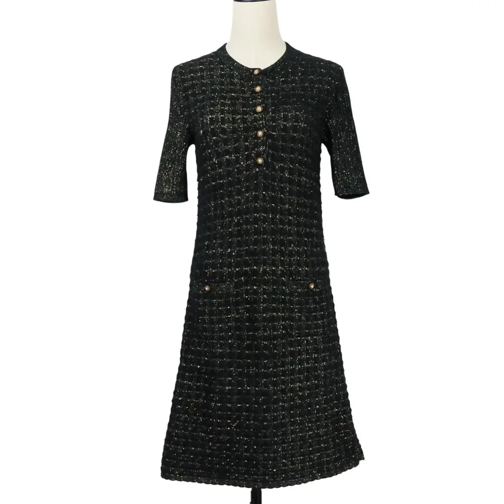 CHANEL シャネル ライオンボタン ラメニットドレス ワンピース P57107 サイズ34 ブラック ゴールドカラー