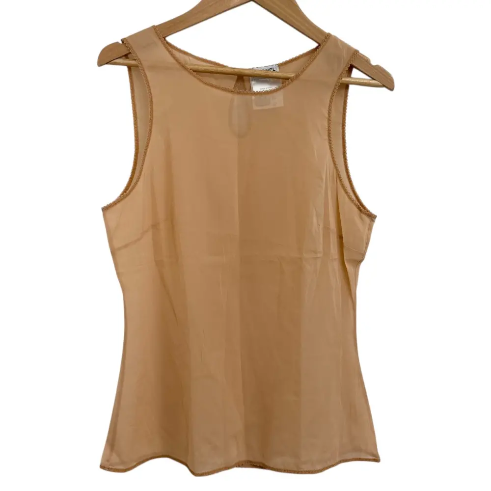 07C CHANEL シャネル シルクブレンド ノースリーブ シアーブラウス カットソー 38 ベージュ