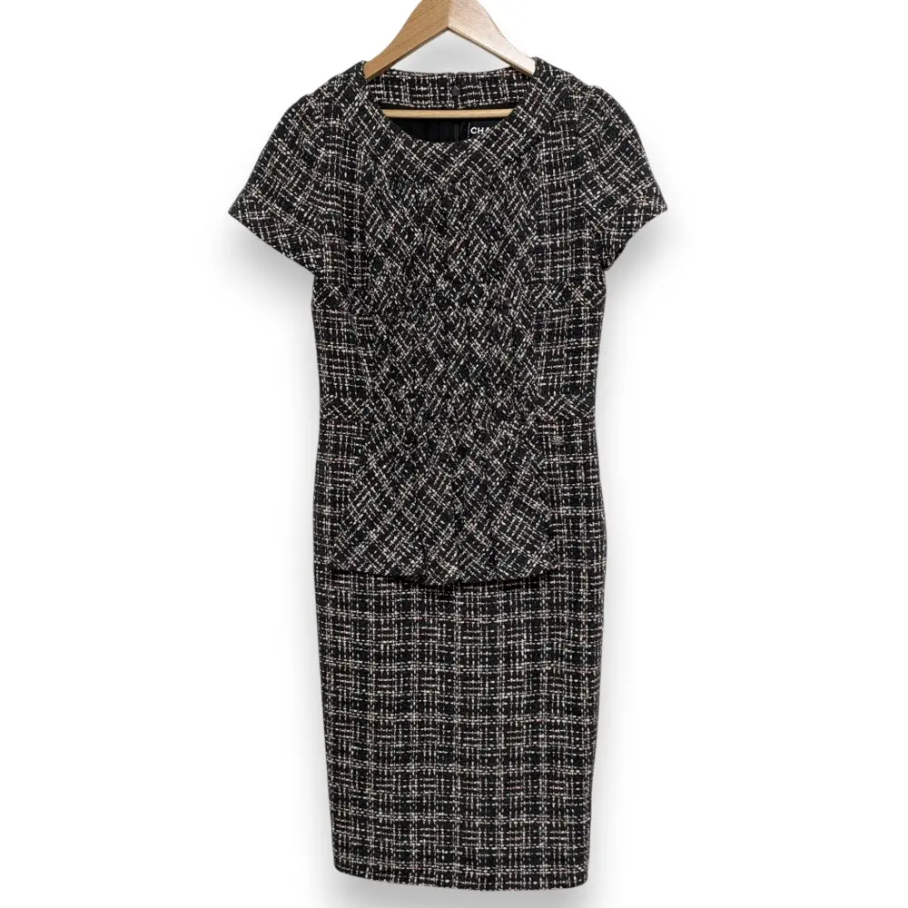 CHANEL シャネル チェックツイード フリル ドレス ワンピース P54622 サイズ38 ブラック
