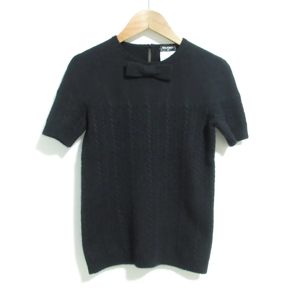 CHANEL シャネル カシミヤ ショートスリーブ リボン ケーブルニット セーター P46758 サイズ34 ブラック