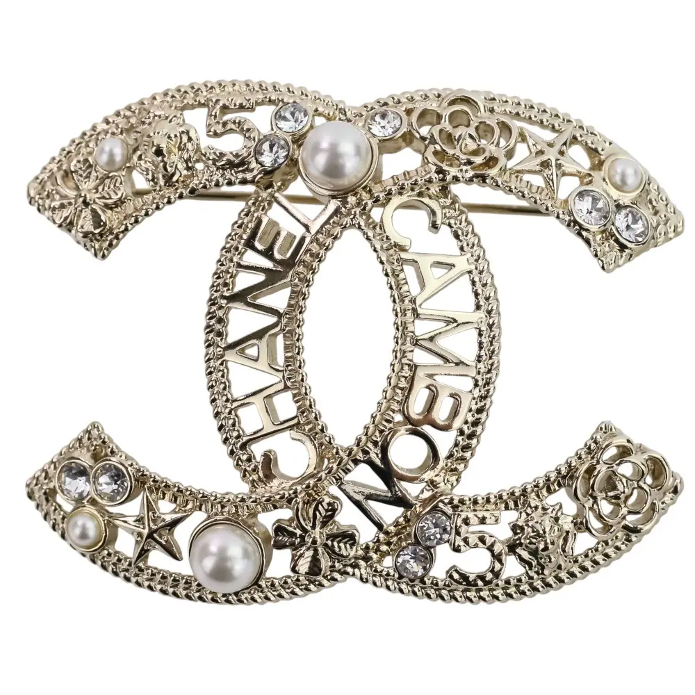 A20C CHANEL シャネル ココマーク ロゴ パール装飾 カメリア ブローチ ゴールドカラー