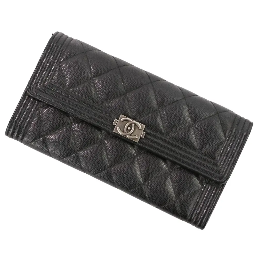 CHANEL シャネル ボーイシャネル キャビアスキン 二つ折り長財布 ブラック