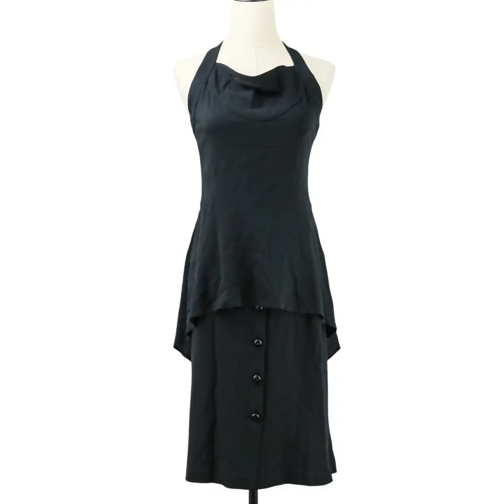 05P CHANEL シャネル シルク ココマークボタン アシンメトリーヘムカットソー スカート セットアップ P25504 P25505 36 ブラック