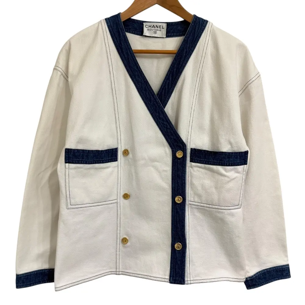 CHANEL シャネル ヴィンテージ ココマークボタン トリム デニムジャケット ホワイト×インディゴブルー