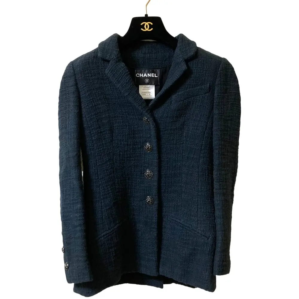 12A CHANEL シャネル ビジューボタン ツイードジャケット P44005 サイズ34 ネイビー