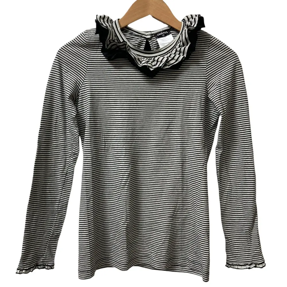 CHANEL シャネル フリルネック ロングスリーブボーダー カットソー P42109 サイズ34 ブラック グレー