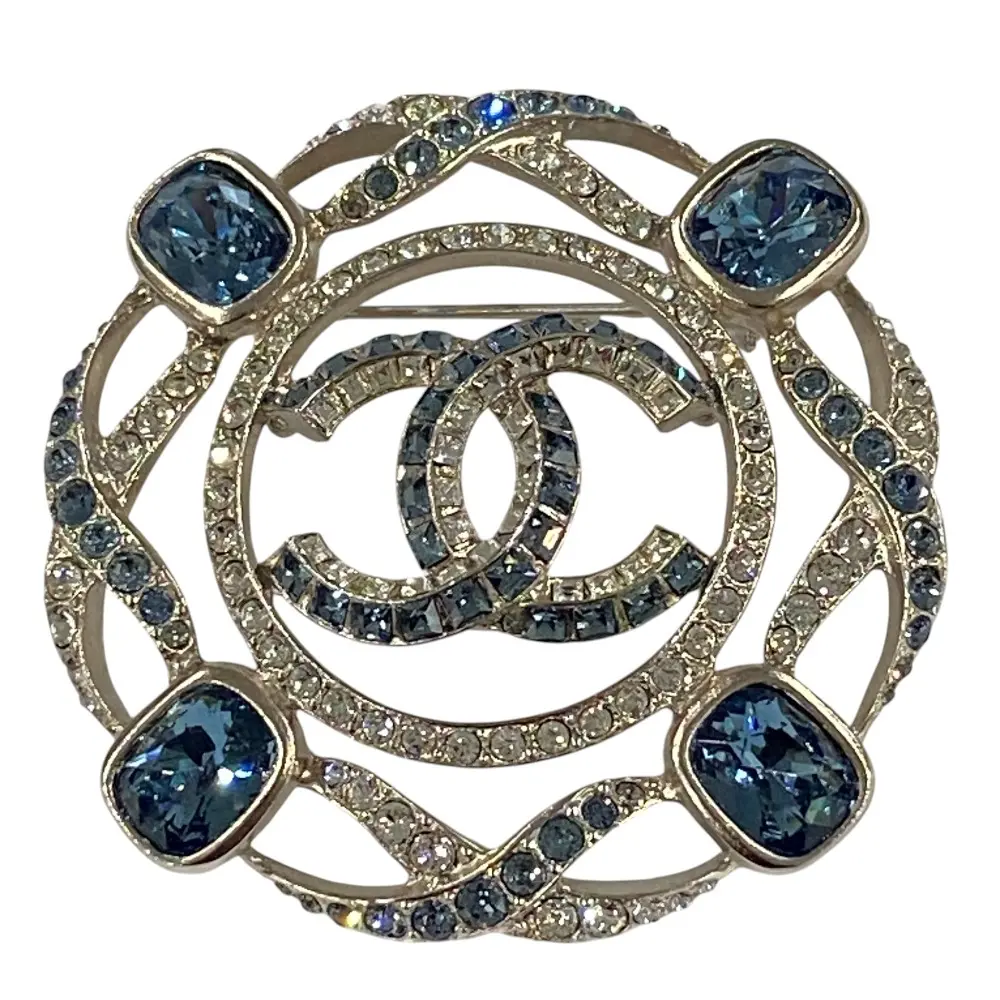 C19P CHANEL シャネル ビジュー装飾 ココマーク ブローチ シルバーカラー ブルー