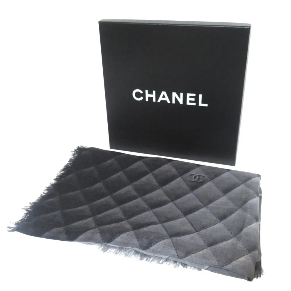 14B CHANEL シャネル カシミヤ100% ココマーク マトラッセ グラデーション ストール グレー×ブラック