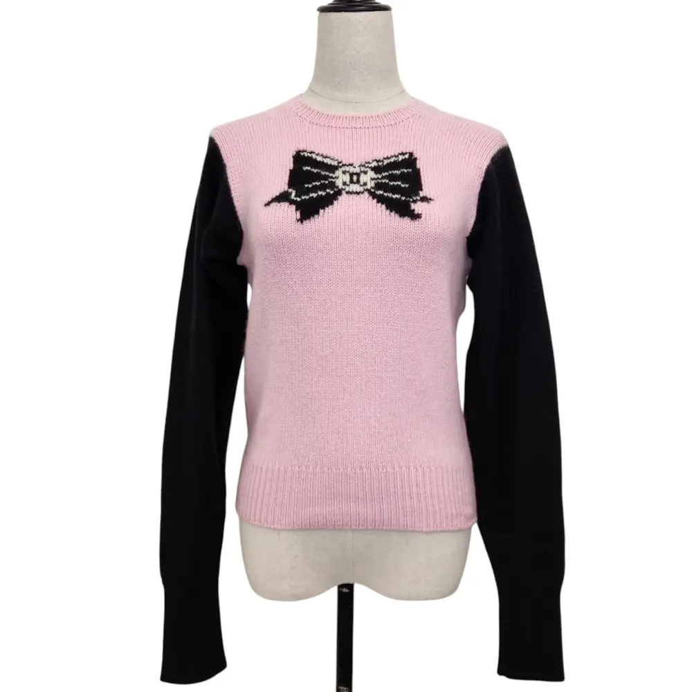 95A CHANEL シャネル ヴィンテージ カメリアリボン ココマーク カシミヤ ニット セーター P05571 サイズ38 ピンク ブラック