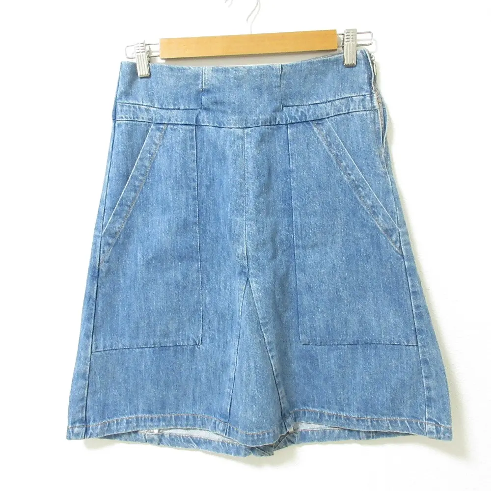 Chloe クロエ ユーズド加工 ひざ丈 デニム トラペーズスカート 34 ブルー