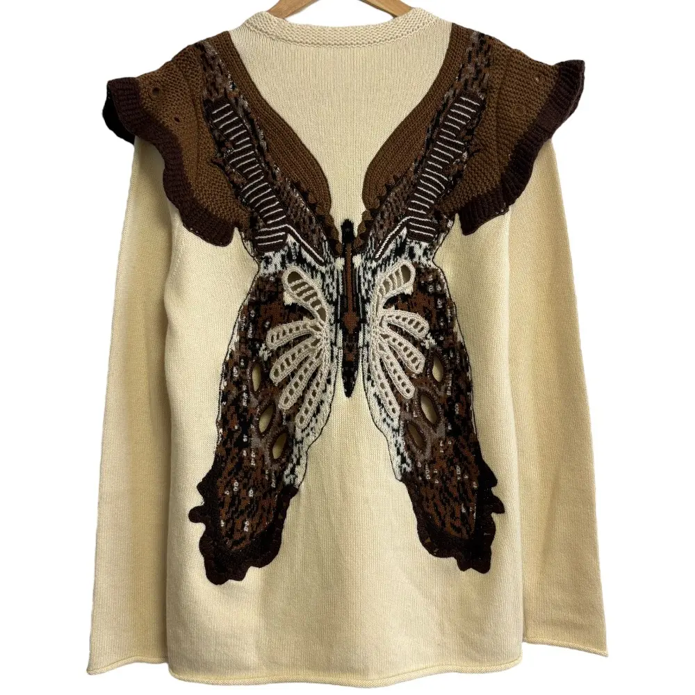 21AW Chloe クロエ 長袖 カシミヤ バタフライ クルーネック ニット セーター S アイボリー×ブラウン