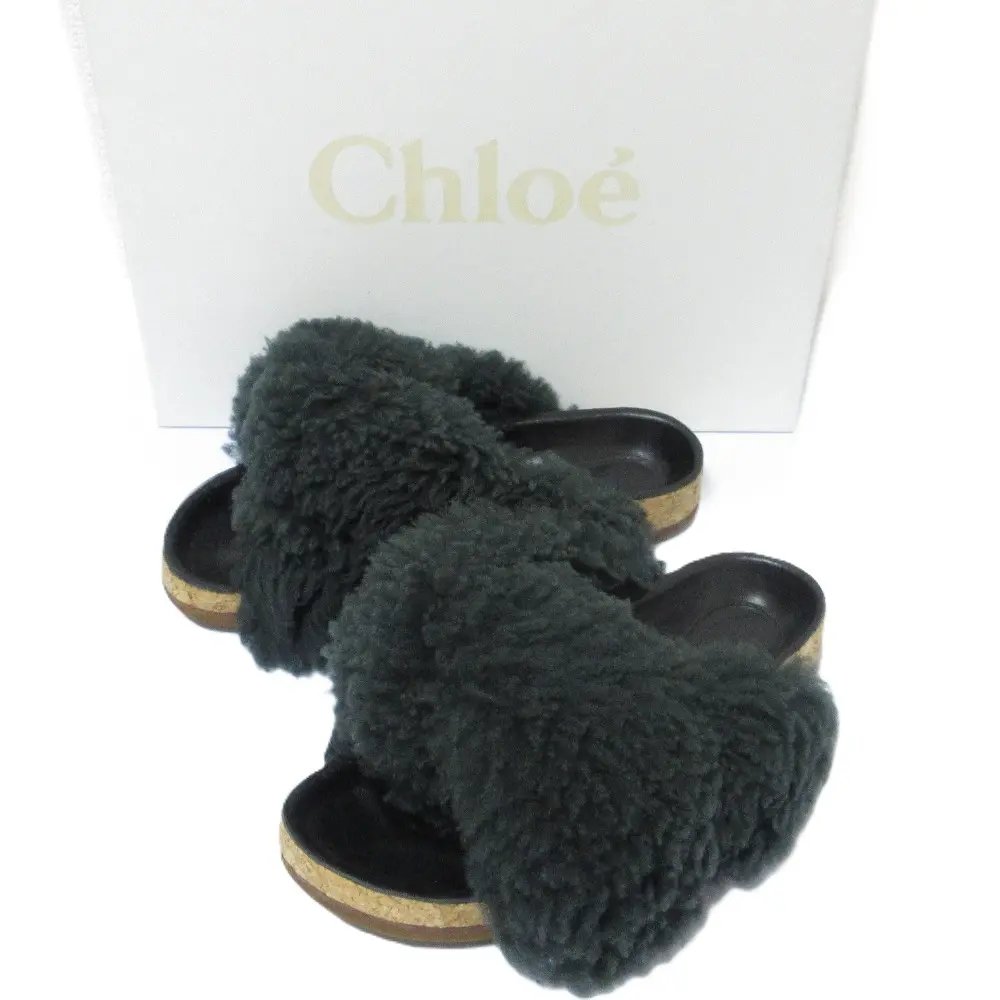 Chloe クロエ ボア シープスキン フラットサンダル 36 23cm カーキ ダークグリーン