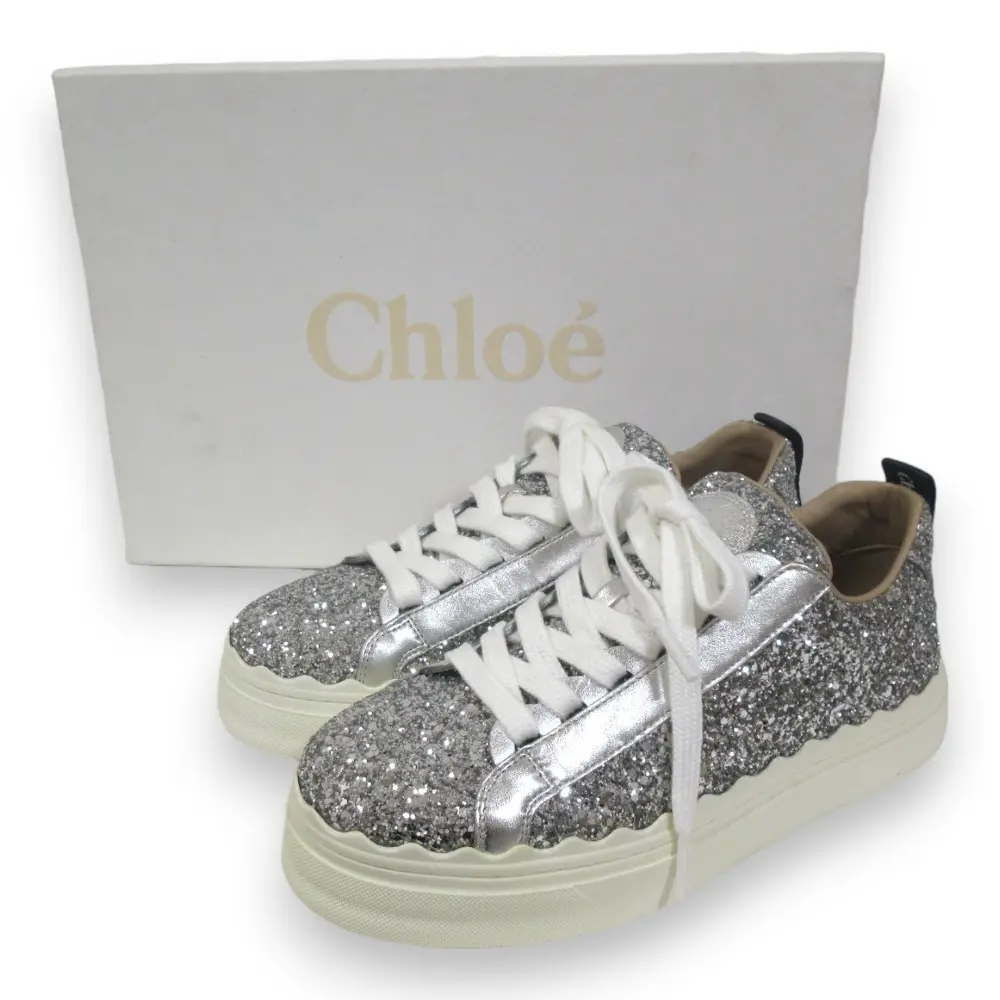 Chloe クロエ Lauren グリッター ローカットスニーカー 37 約24cm シルバー×ホワイト