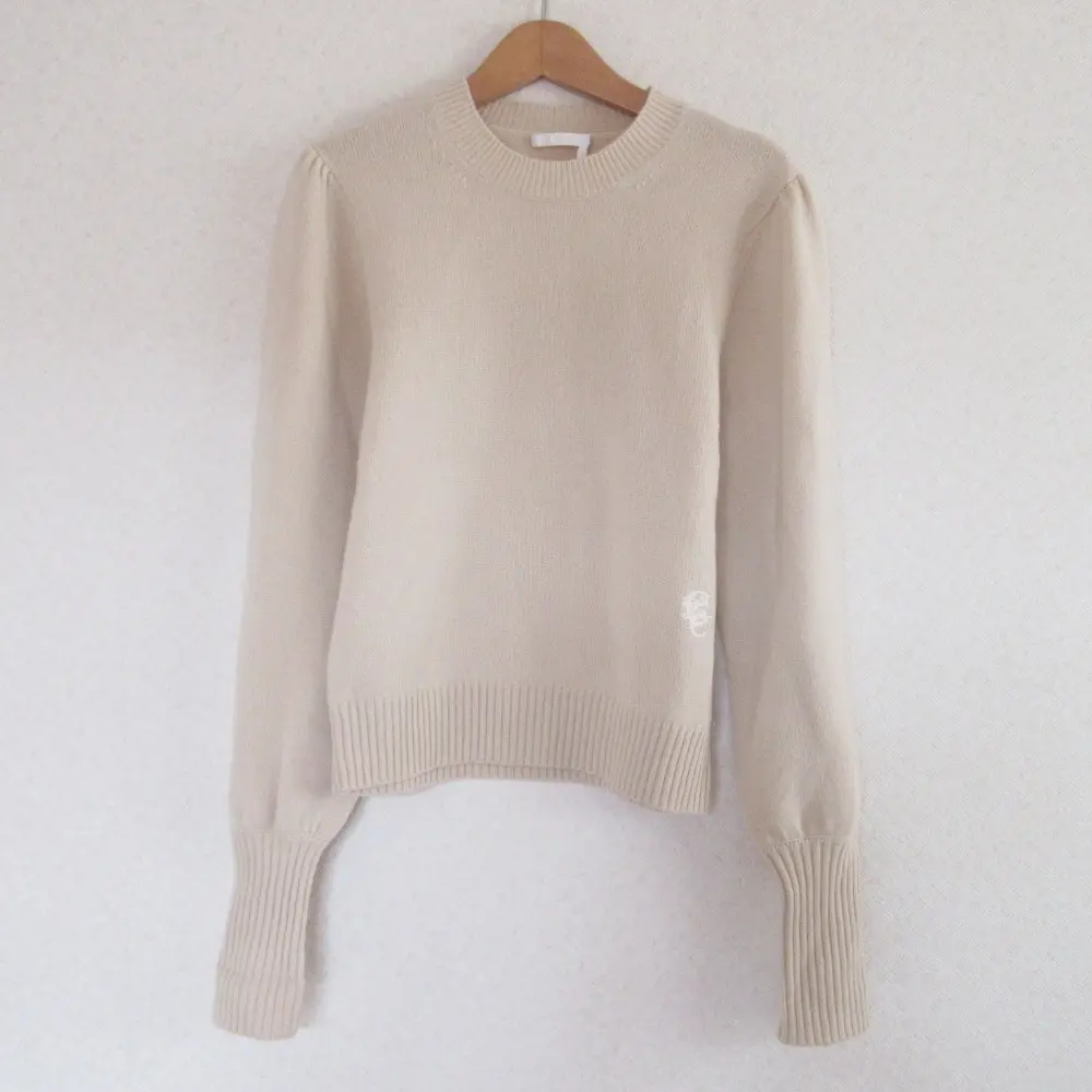 21AW Chloe クロエ カシミヤ100％ クルーネック パフスリーブ プルオーバー ニット セーター XS ベージュ