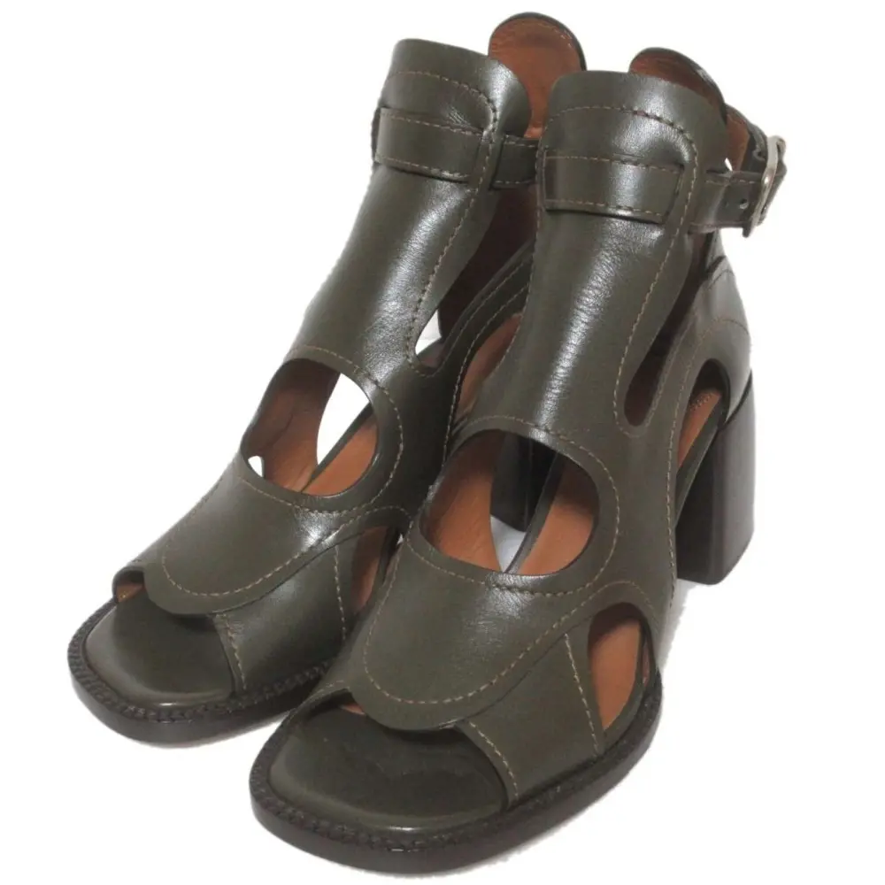21SS Chloe クロエ GAILE ゲイル チャンキーヒール カットアウト ブーツ サンダル 39サイズ 26cm相当 カーキ系