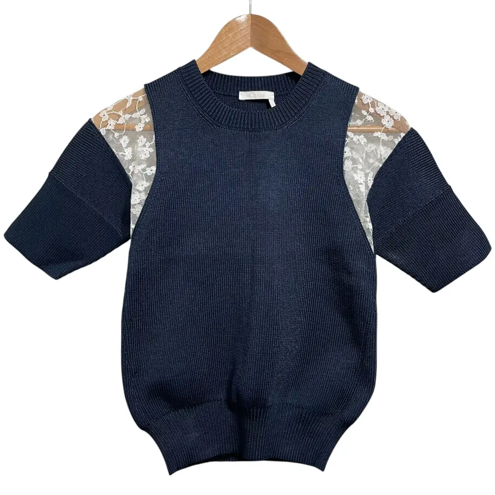 Chloe クロエ クルーネック ショートスリーブ 半袖 レースコンビ ニット セーター カットソー XS ネイビー