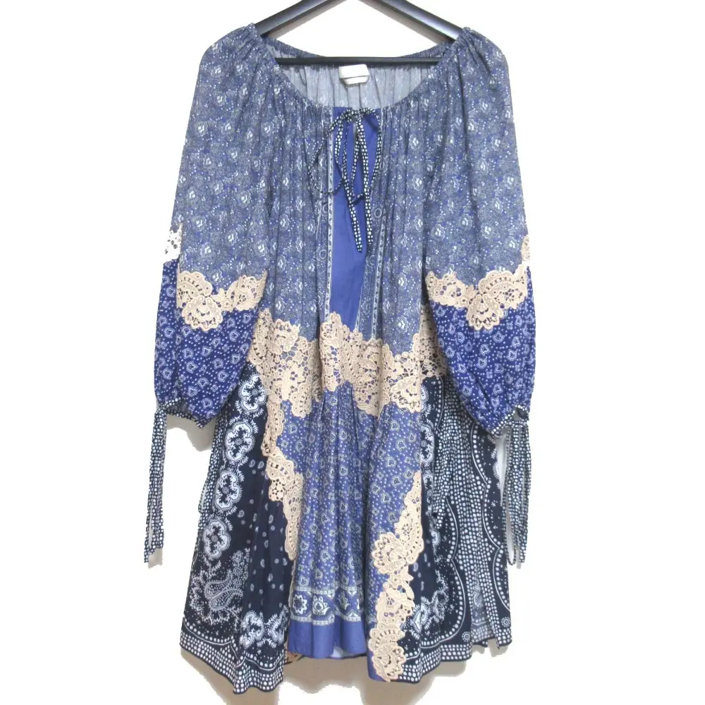 Chloe クロエ 長袖 ひざ丈 レースアップリケ プルオーバー ワンピース 36サイズ ブルー系