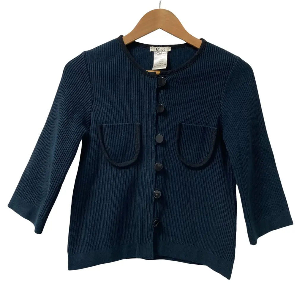 Chloe クロエ リブニット ノーカラージャケット XS ネイビー