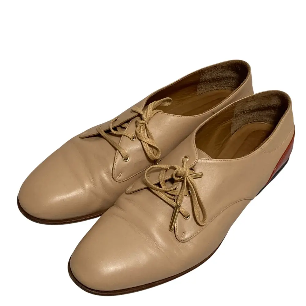 CHLOE クロエ レザー レースアップ フラットシューズ サイズ38 25cm ベージュ