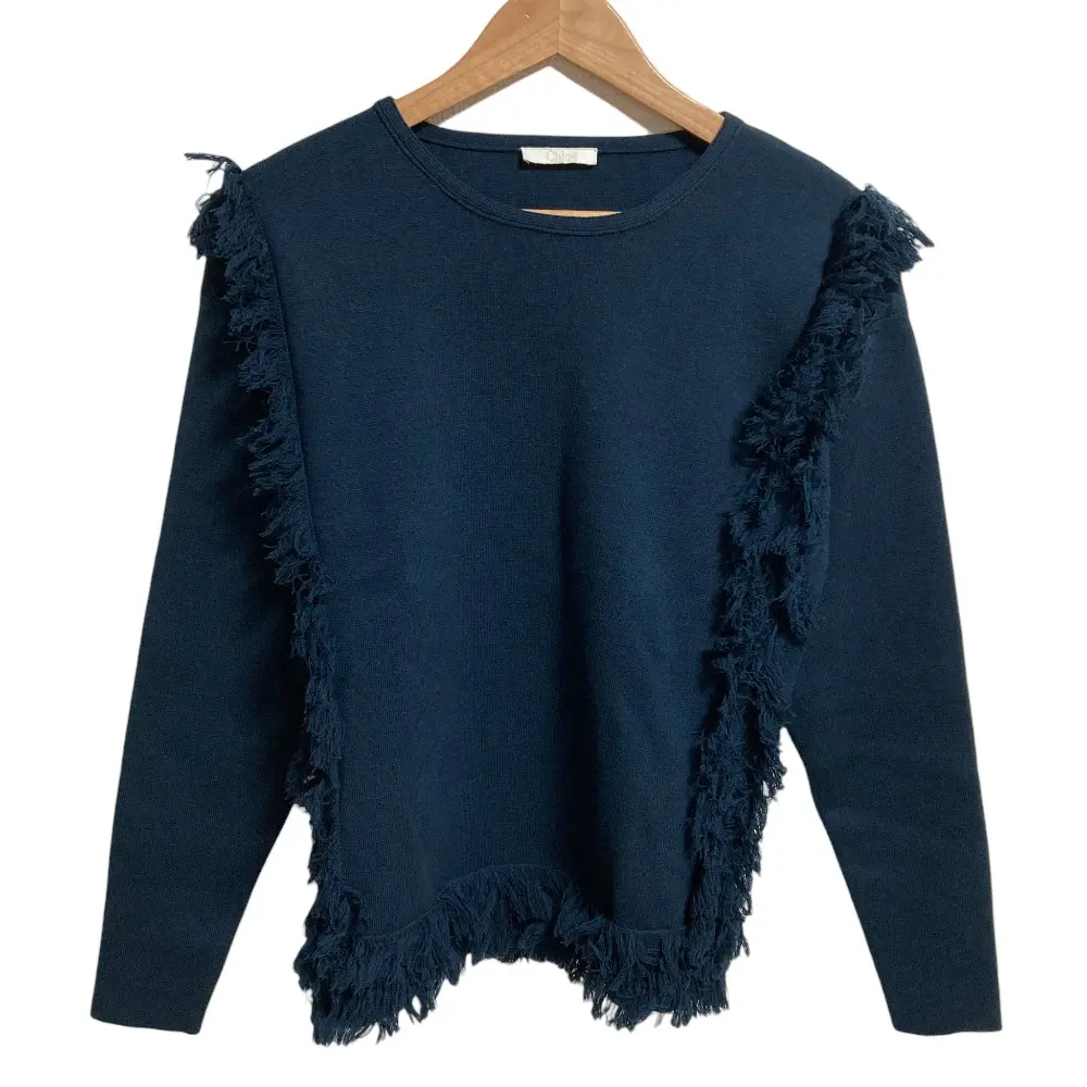 Chloe クロエ ロングスリーブ フリンジ ニット カットソー プルオーバー セーター XSサイズ ネイビー