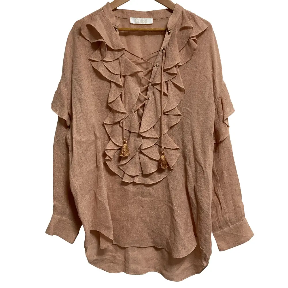 Chloe クロエ Gauzy Linen Ruffle Front Blouse ブラウス サイズ34 ピンクベージュ