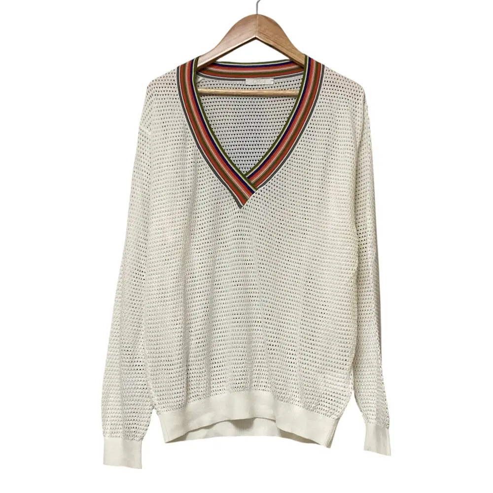 Chloe クロエ コットン シルク Vネック メッシュニット プルオーバー セーター S ホワイト