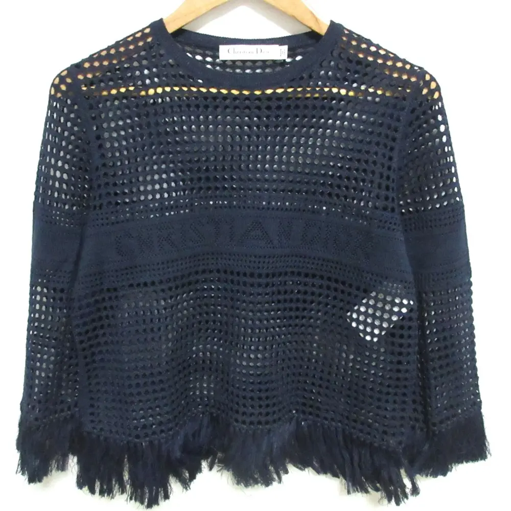 21SS Christian Dior クリスチャンディオール ロゴ リネン×コットン 七分袖 フリンジ  ニット セーター 36 ネイビー