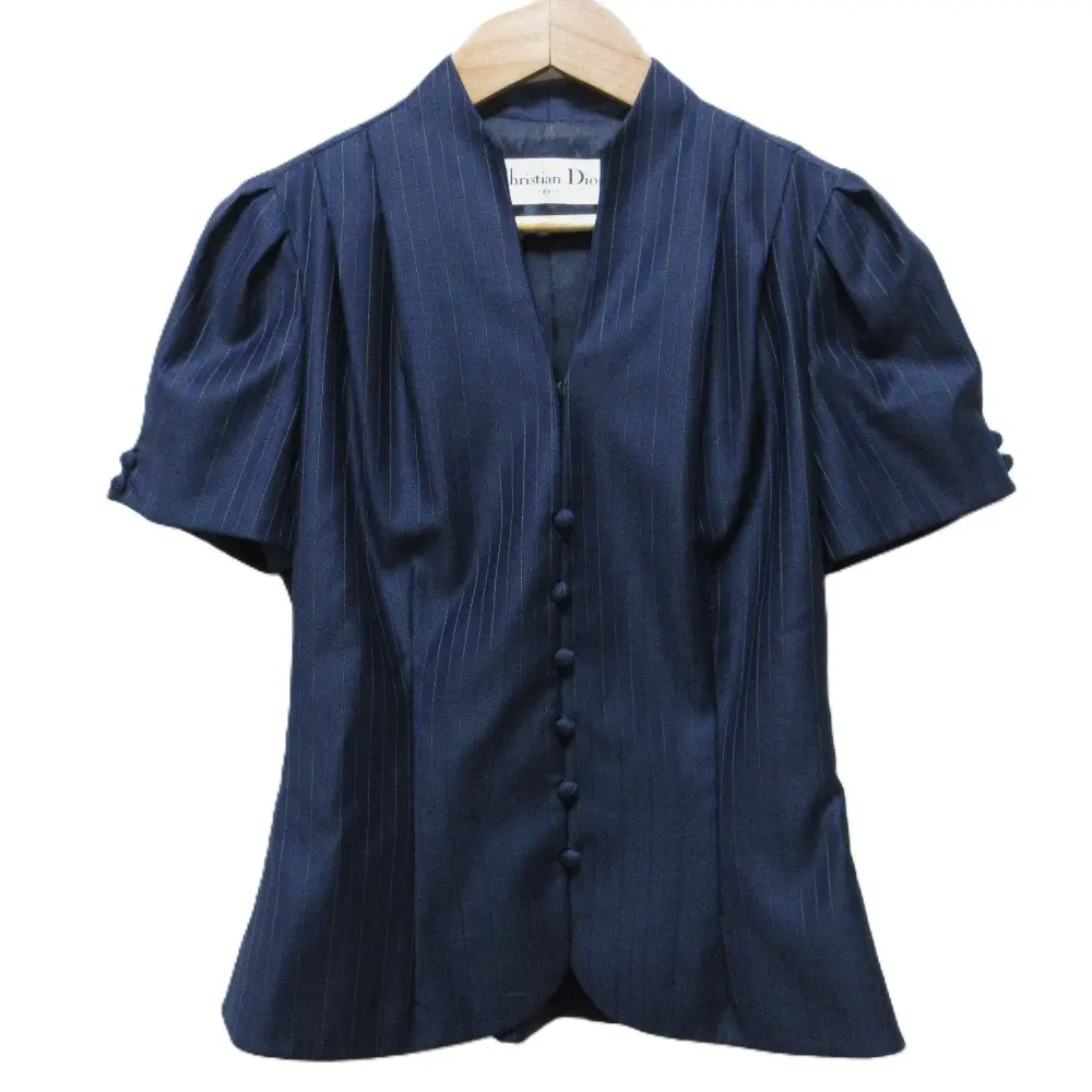 Christian Dior クリスチャンディオール ストライプ柄 くるみ釦 パフスリーブ 半袖 ノーカラー バージャケット 36 ネイビー