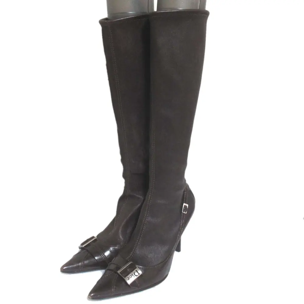 Christian Dior クリスチャンディオール レザー ポインテッドトゥ ピンヒール ハイヒール ロングブーツ 37D 24cm ダークブラウン