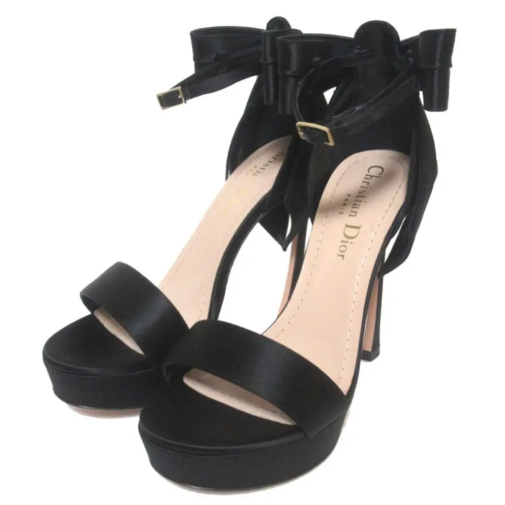 24SS Dior クリスチャンディオール MLLE DIOR サテン リボン アンクルストラップ ハイヒール サンダル 34.5 22.5cm ブラック