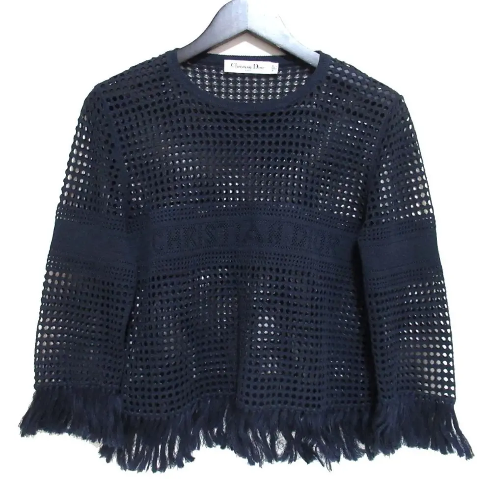 21SS Christian Dior クリスチャンディオール レターロゴジャガード 七分袖 フリンジ クロシェ サマーニットカットソー ネイビー