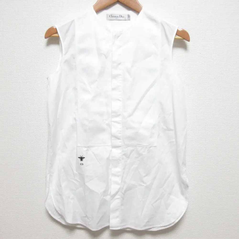 Christian Dior クリスチャンディオール BEE刺繍 コットンポプリン ノースリーブ シャツ ブラウス サイズ34 ホワイト