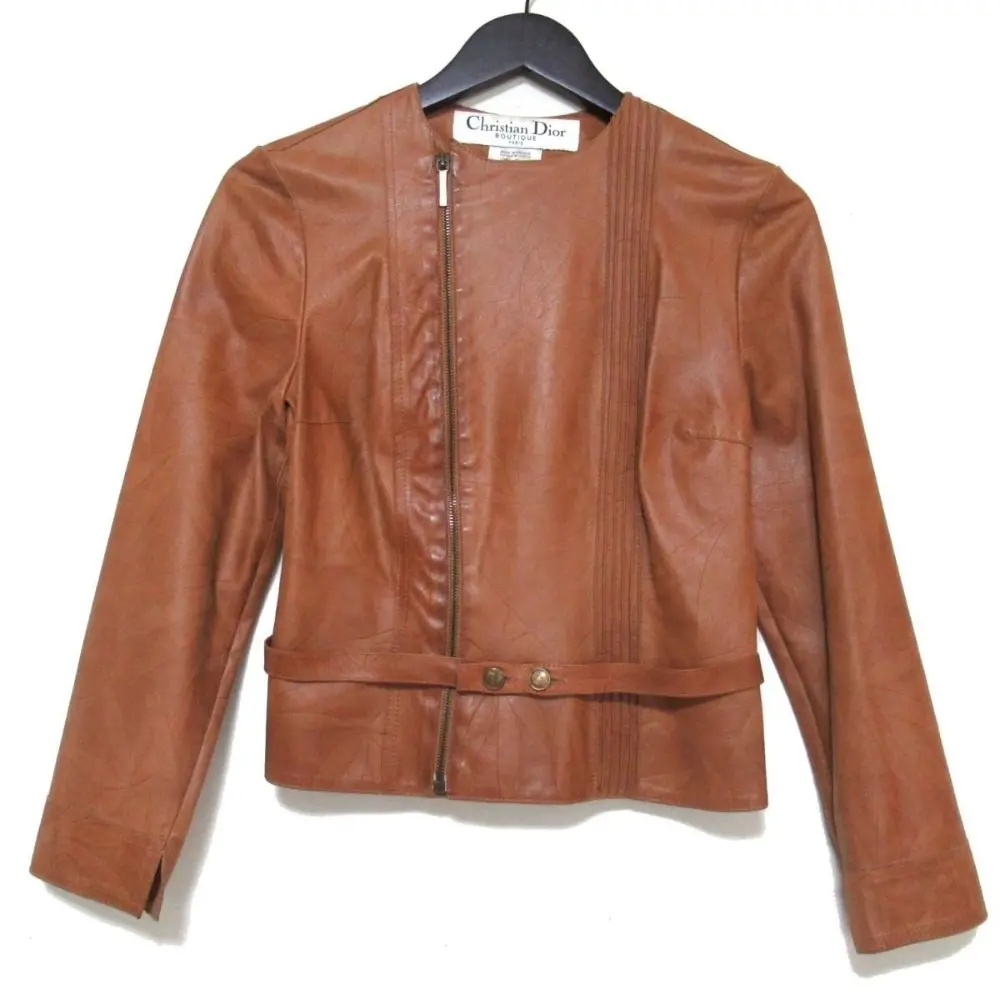 Christian Dior クリスチャンディオール ガリアーノ期 リーフ柄 ゴートレザー ジップアップ ノーカラー ジャケット 36サイズ キャメル