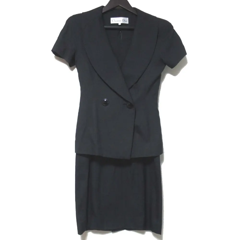 Christian Dior クリスチャンディオール シルク 半袖 テーラードジャケット+ひざ丈 ワンピース セットアップ スーツ 9号 ブラック
