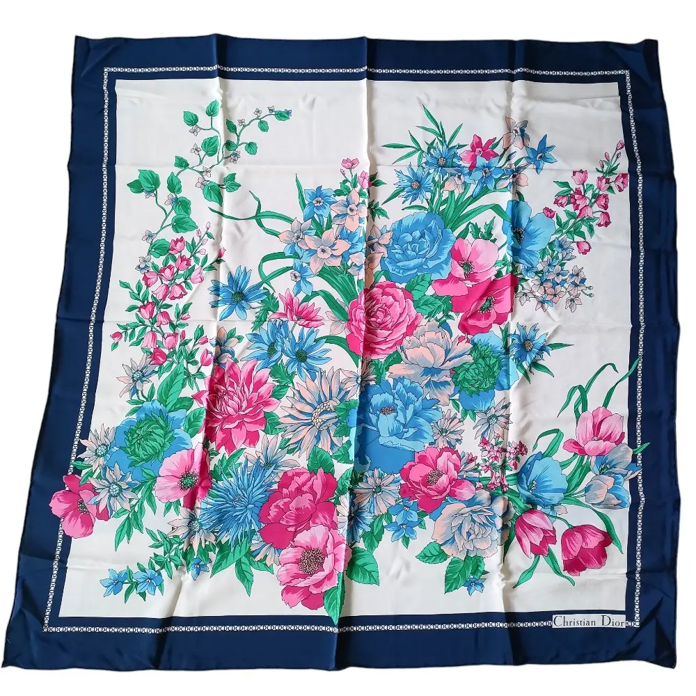 Christian Dior クリスチャンディオール シルク100％ 花柄 フローラルプリント 大判 バンダナ スカーフ ネイビー