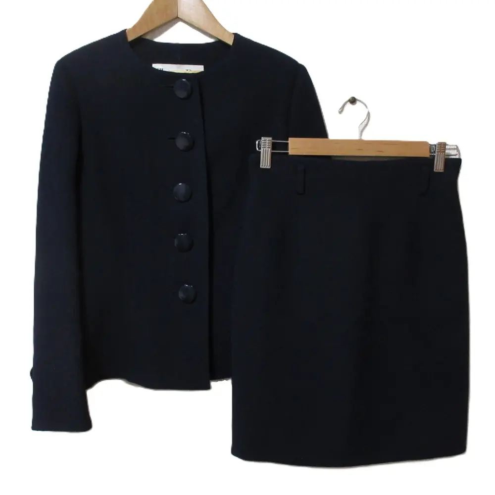Christian Dior クリスチャンディオール ノーカラージャケット+ひざ丈スカート セットアップ スーツ サイズ7 ネイビー